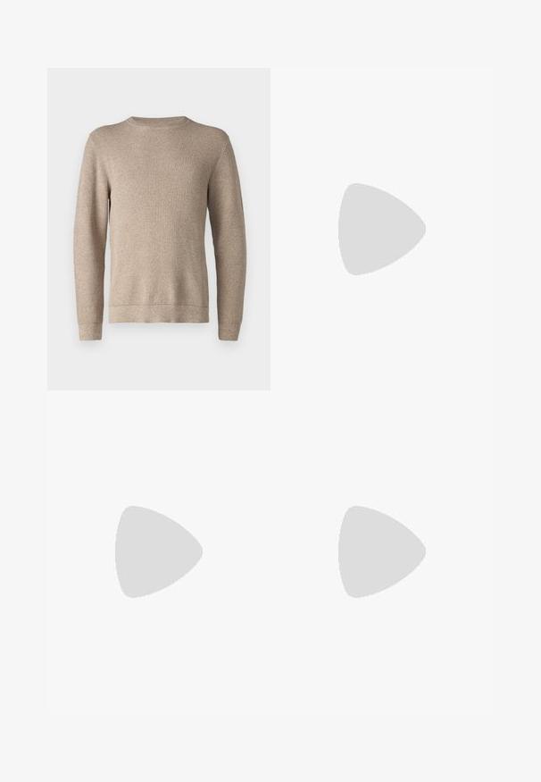 Suéter de gola redonda bege em malha texturada, com mangas longas e bainha reta. O tecido parece suave e quente.; Calças de algodão castanhas de corte justo, com um cinto de couro castanho e detalhes de costura subtil. Textura suave e forma ajustada.; Sapatilha slip-on de couro castanho com padrão texturizado de croc, bico arredondado e sola de borracha. A sola branca contrasta com a parte superior.; Pier One SET - Relógio - black/brown