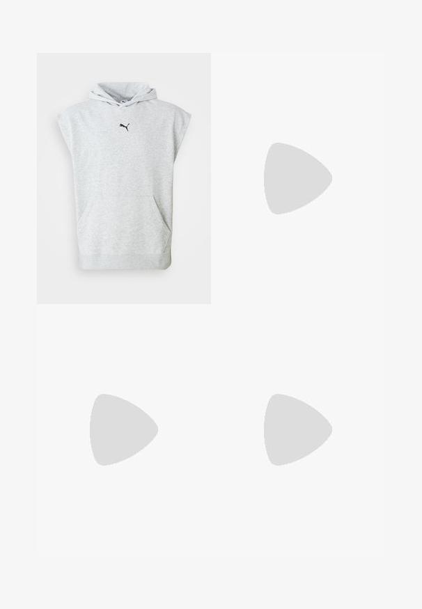 Manga sem mangas, hoodie cinza claro da Puma com bolso canguru e logótipo preto da Puma centrado abaixo do capuz.; T-shirt de manga curta verde oliva, feito de um tecido suave, apresenta decote redondo e logotipo branco no lado esquerdo do peito.; Calções atléticos verde-azeitona feitos de um tecido leve, com uma cintura elástica e um cordão de ajuste, e um pequeno logótipo de detalhe na lateral.; Ténis atléticos brancos com parte superior em malha, sola de borracha na cor âmbar, detalhes texturizados e um logótipo preto de um lado.