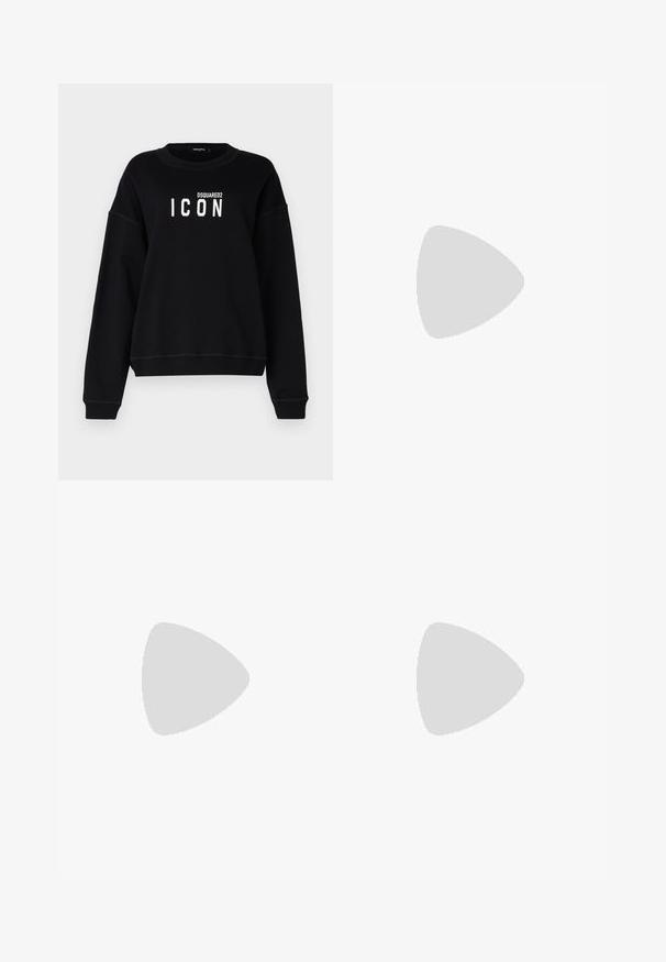 Sweat-shirt noir avec encolure ras du cou, arborant un graphique blanc "ICON" et le logo "DSQUARED2". Tissu doux, coupe décontractée, poignets côtelés.; Pantalons larges noirs en coton, avec une fermeture éclaire, deux poches avant et un design classique à cinq poches avec des accents en métal.; Escarpin en cuir verni noir avec un bout pointu et un design découpé ; présente un élégant accent doré sur le talon. Simple et élégant.; Sac à main en cuir noir avec un design matelassé, une bandoulière en chaîne argentée et un logo "AX" en argent bien visible à l'avant. Forme rectangulaire compacte.