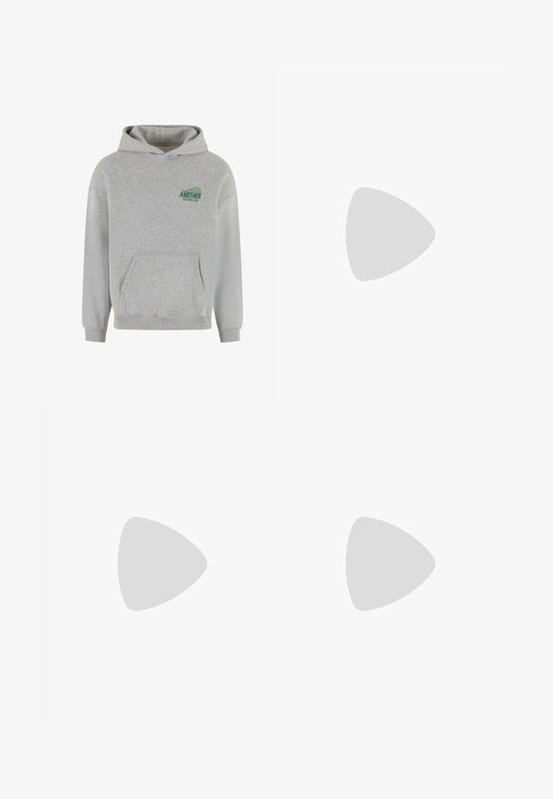 Gray cotton hoodie with a front kangaroo pocket, ribbed cuffs and hem, and a green "ANOTHER COTTON LAB" logo on the left chest.; Black, elasticated-waist sweatpants with a loose fit, cuffed ankles, smooth texture, and no visible patterns or hardware accents.; White athletic shoes with textured overlays, a chunky sole, and gray accents. Worn with white crew socks and green shorts on a blue surface.; Stylish black sunglasses with blue mirrored lenses, square frames, and blue accent on the temple. Made from lightweight plastic material.