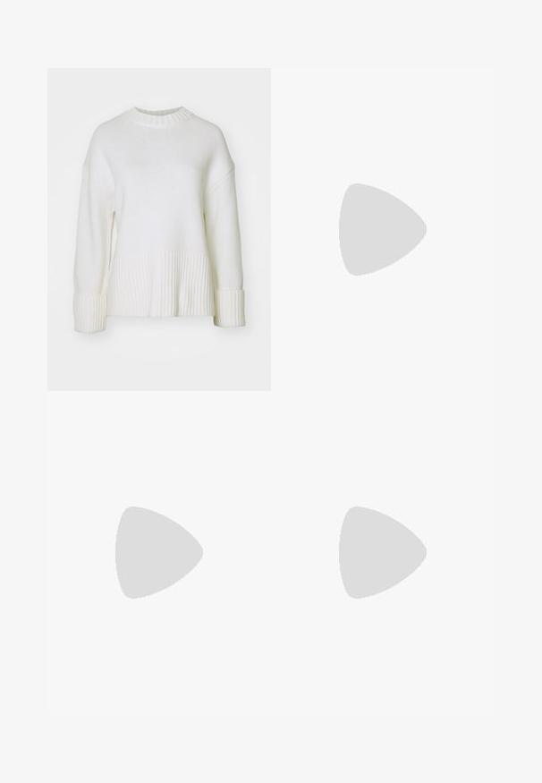 White knitted sweater featuring a ribbed hem and cuffs, round neckline, and drop shoulders. Made from soft, textured yarn.; Black wide-leg trousers with pleats, featuring a smooth texture and a high waist design. Minimalist style, no visible hardware or embellishments.; Pale pink slingback flats with a pointed toe, made from a smooth leather-like material. Features cut-out details at the sides and a flat heel.; Black leather handbag with dual shoulder straps, rectangular shape, and minimalistic design on a white background.