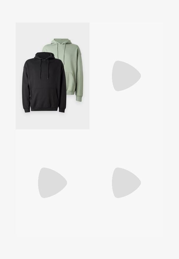 Two hoodies: one black, one light green. Both feature a front pocket, drawstring hood, and ribbed cuffs. Made of soft, textured fabric.; Black cargo pants made of durable fabric, featuring side pockets, a button closure, and a slim fit design. Smooth texture with minimal detailing.; Black sneaker with smooth synthetic upper, round toe, flat laces, and a ribbed rubber sole. Minimalist design, featuring stitched accents.; Green rectangular sunglasses with solid dark lenses, thick transparent frames, and a slight glossy finish. Accents on the temples.