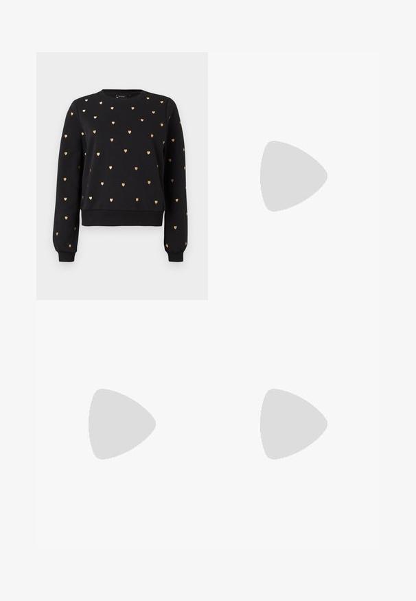 Sweatshirt noir avec des motifs de cœurs dorés, col rond, poignets et ourlet côtelés. Fabriqué en tissu doux, présentant un design décontracté.; Pantalons larges bleu marine en tissu lisse, avec des plis avant, des passants de ceinture et des poches latérales. Comprend une fermeture à bouton à la taille.; Baskets montantes noires avec semelles et lacets blancs, présentant un logo circulaire sur le côté et des coutures noires contrastantes. Tige en tissu texturé.; Sac à main en cuir bordeaux avec une forme arrondie, une bandoulière unique et des coutures au centre. Texture lisse, matériel minimal.