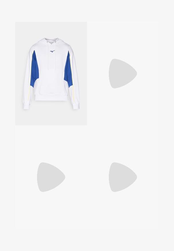 Sweatshirt à capuche blanc avec des accents bleus et jaunes, doté d'une poche avant et d'un cordon de serrage, fabriqué en tissu doux au toucher lisse.; T-shirt blanc à col rond en coton, avec des manches courtes et un petit logo brodé sur la partie gauche de la poitrine. Texture douce.; Pantalon de survêtement gris en mélange de coton doux, avec une taille élastique, des jambes fuselées et un petit logo sur la zone de la poche gauche.; Baskets de sport blanches avec une tige synthétique lisse, accent logo noir et détails perforés sur le côté. Semelle en caoutchouc.