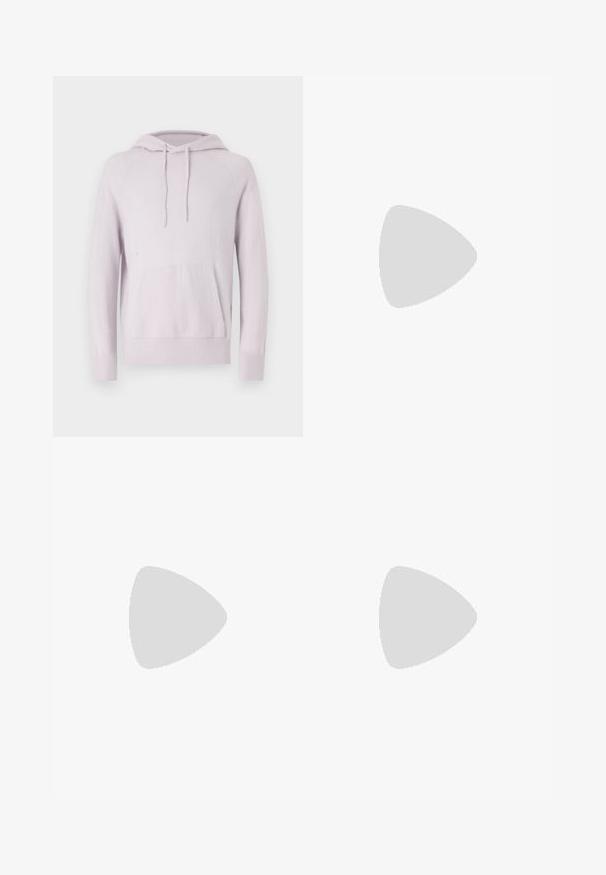Light purple hoodie with a drawstring hood, front kangaroo pocket, and ribbed cuffs. Made from soft, textured fabric with a relaxed fit.; Long-sleeved white cotton shirt with a round neckline, side slits at the bottom, and a smooth texture, displayed from the back.; Light blue denim jeans with a straight-leg design, five pockets, button closure, minimal fading, and contrasting stitching details.; White sneaker with a smooth leather upper and a low profile. Features a rounded toe, six eyelets, and a textured rubber sole.