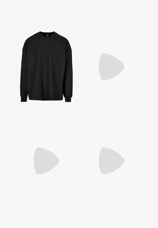 Schwarzes, langärmeliges, geripptes Sweatshirt mit Rundhalsausschnitt und lockerer Passform. Verfügt über Stoff mit Struktur und enganliegende Bündchen. Keine grafischen Details.; Schwarze Denim-Baumwolljeans im weiten Schnitt mit hoher Taille, ausgestattet mit Vordertaschen, einem Reißverschluss und einem Knopfverschluss. Glatte Textur und klassisches Design.; Graue Sneaker aus Mesh und Wildleder, mit einem weißen Seitenlogo, grauen Schnürsenkeln und einer schwarzen Gummisohle.; Silberne Analog-Uhr mit achteckigem Gehäuse, grauem Zifferblatt, silbernen Stundenmarkierungen und einem Armband aus Edelstahl. Minimalistisches Design mit glatter Textur.