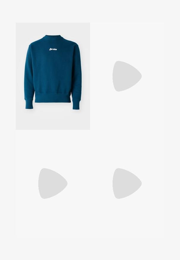 Teal sweatshirt with ribbed cuffs and hem, featuring a white embroidered "Service" logo on the upper back. Soft texture and crew neck design.; Three white ribbed tank tops made of cotton. Features a crew neck and small black labels near the hem. Available in multiple sizes.; Olive green, high-waisted pants with a straight leg design. Made of a lightweight fabric, featuring front pleats and a button closure.; Black leather loafers with a stitched design, tassel detail, and a textured sole, set against a yellow gradient background.