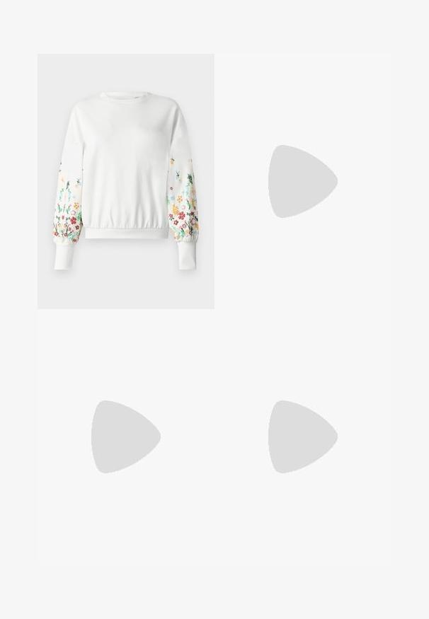 Felpa bianca con scollo rotondo e polsini a costine, caratterizzata da un ricamo floreale colorato lungo le maniche in varie tonalità.; Blusa floreale con maniche puff lunghe, base di un chiaro crema, caratterizzata da motivi floreali in viola, arancione e verde, con un classico design del colletto.; Gonna maxi plissettata in un vivace motivo floreale rosso, rosa e marrone. La cintura elasticizzata e la texture morbida migliorano il comfort e lo stile.; Sneaker alta in tela bianca con suola in gomma nera, punta in gomma frontale e sei asole per i lacci, caratterizzata da un design pulito e minimalista.; Borsa a tracolla in pelle rossa con un design angolare e geometrico. Presenta una singola tracolla regolabile e una chiusura a patta con dettagli cuciti.