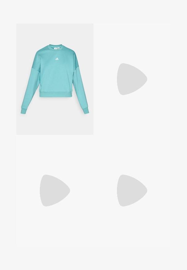 Turkos sweatshirt med långa ärmar och rundad halsringning. Har en vit logotyp på bröstet och en slät tygtextur.; Långärmad, kortad träningsöverdel med färgglad fjärilvingemönster och turkosa tre-strimmor på ärmarna.; Höga svarta träningstights med platta sömmar, utformade för en tät passform och flexibilitet.; Vit sportskor med mesh-överdel, tre svarta ränder på sidan, texturerade detaljer och en stadig gummisula med en kontrasterande svart del.