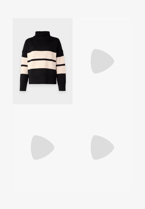 Black and cream striped turtleneck sweater, knitted texture, ribbed cuffs and hem, featuring wide horizontal stripes and a relaxed fit.; Knit white midi skirt featuring a textured pattern with vertical lines and cut-out details near the hem. Elastic waistband. Soft material.; Black leather ballet flat with a rounded toe, smooth texture, minimal stitching detail, and a flexible sole design.; Brown leather handbag with a flap closure, gold-tone hardware, a shoulder strap, and a smooth texture. Compact rectangular shape.