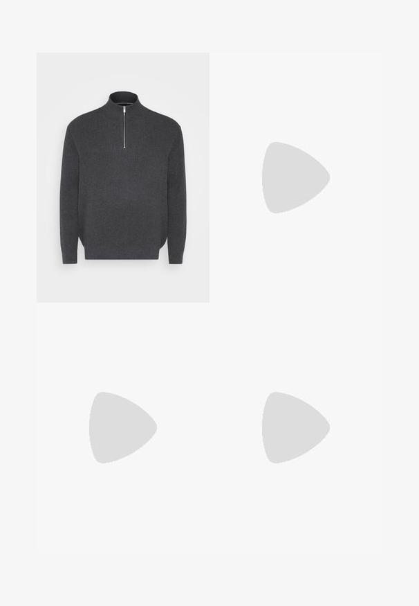Jack & Jones JPRBLALIAM HALF ZIP  - Strickpullover - dark grey melange; Schwarze Cargo-Hosen mit einem elastischen Bund, seitlichen Taschen und Druckknopfdetails. Hergestellt aus leichtem, glattem Stoff.; Schwarzer Laufschuh mit Obermaterial aus Mesh und Synthetik, flexibler Sohle und elastischen Schnürsenkeln. Verfügt über eine gepolsterte Zwischensohle für zusätzlichen Komfort.; Schwarze quadratische Sonnenbrillen mit dunklen Gläsern, mattem Finish und goldenen Metallakzenten an den Bügeln, die ein minimalistisches Design aufweisen.
