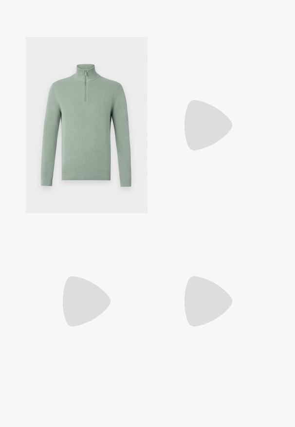 Light green knitted sweater with a high collar and a quarter zip, featuring ribbed cuffs and hem, providing a textured appearance.; Black tailored trousers with a straight fit, made from smooth fabric. Features belt loops and crease detail along the front.; White leather sneakers with a smooth finish, rounded toe, flat laces, and a textured sole. Grey suede accent at the heel.; Clear plastic sunglasses with rectangular brown lenses, featuring thin, transparent arms and metal accents on the temples.