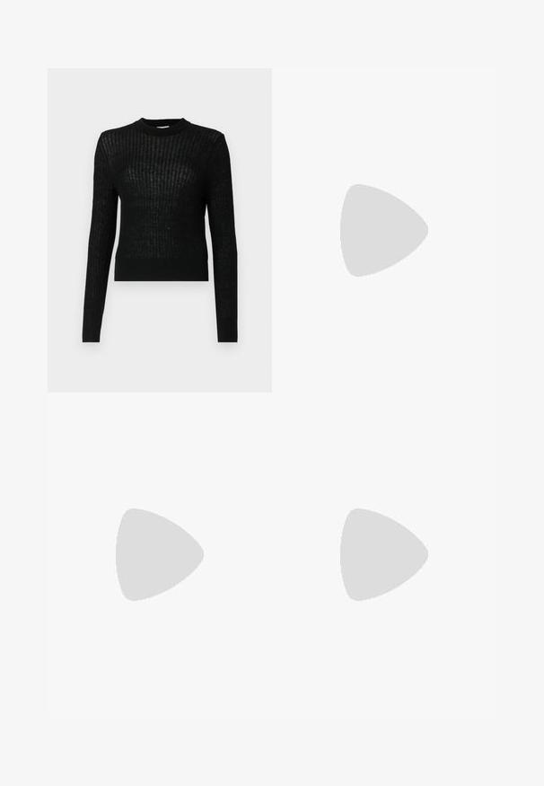 Fekete, hosszú ujjú pulóver ribbeléses mintával, slim fit fazonban és kerek nyakkivágással. Könnyű anyagból készült, cropped (rövidített) hosszal.; Fekete, széles szárú nadrág sima anyagból, lapos elejű kialakítással, redőzött részletekkel és övhurkokkal a derékrészen.; Fekete bőr slingback magassarkúk, hegyes orral, vékony sarkakkal és arany színű részlettel a állítható pánton. Simа felület.; Fekete bőr kézitáska, strukturált dizájnnal, rövidített formával, felső fogantyúval és arany színű kiegészítőkkel. Állítható vállpánt is tartozik hozzá.
