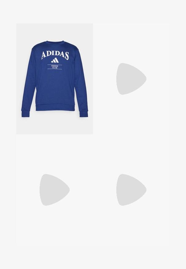 Sweatshirt azul de manga comprida feito de tecido macio, com logótipo branco "ADIDAS" e texto "TENNIS CLUB" na frente, punhos canelados.; Camiseta atlética branca de mangas curtas, feita de tecido que absorve a humidade. Apresenta um logótipo preto no lado esquerdo do peito e um decote interior com padrão.; Calças de treino pretas com um cós elástico, riscas laterais brancas e um pequeno logotipo branco na coxa. Feitas de um material leve e suave.; Tenis negros desportivos com um superior em malha texturizada, riscas brancas de destaque, sola acolchoada e um calcanhar reforçado para suporte.