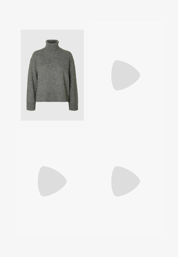 Pull à col roulé gris fabriqué dans un matériau doux et texturé, avec une coupe décontractée. Présente un col, des poignets et un ourlet côtelés. Design simple.; Jean large en denim noir avec une fermeture éclair à l'avant, un design à cinq poches et des détails de couture subtils. Texture lisse et style décontracté.; Escarpins noirs à plateforme avec un bout pointu et une sangle réglable à la cheville. Conçus en cuir lisse, avec un large talon bloc.; Sac à main en cuir noir avec une forme courbée, bandoulière amovible et des accessoires en or. Le sac est doté d'un rabat avec un détail de boucle.