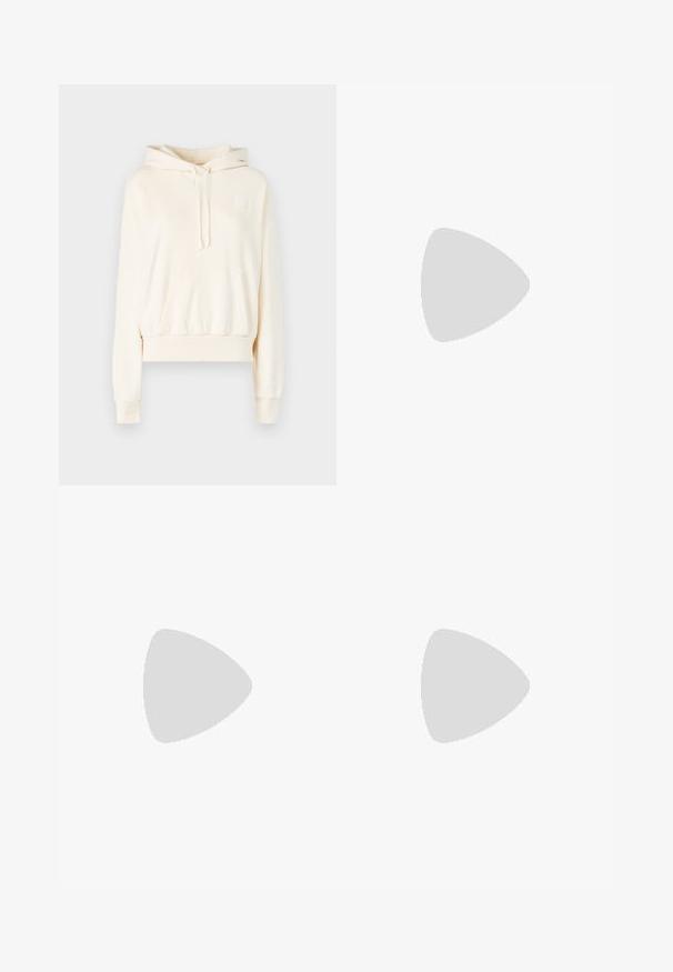 Cream hoodie featuring a front kangaroo pocket, drawstring hood, ribbed cuffs, and a small logo patch on the chest. Soft fabric texture.; Black trousers with a smooth texture, elastic waistband, and tapered design. Features rolled cuffs and a clean silhouette.; Black pointy-toed slingback shoe with a low heel, featuring smooth leather material and cut-out design on the side for breathability.; Black leather shoulder bag with a soft texture, triangular shape, and adjustable strap, paired with a light blue striped shirt and white pants.