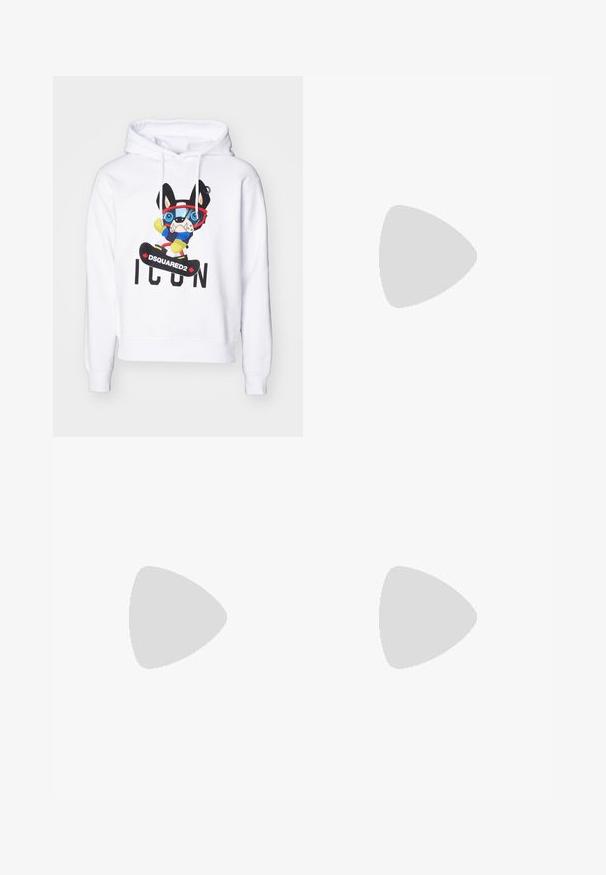 Weißer Hoodie mit einem bunten Cartoon-Hund, der eine Brille, einen blauen Pullover und gelbe Handschuhe trägt, mit dem Aufdruck "DSQUARED2 ICON" darunter.; Filippa K TERRY CROPPED TROUSERS - Stoffhose - sage melange; Weiße Ledersneaker mit glatter Oberfläche, runder Zehenpartie, flachen Schnürsenkeln und strukturiertem Sohlenprofil. Mit einem dezenten Logo an der Ferse.; Schwarze runde Sonnenbrille mit dunklen Gläsern und schlanken Metallbügeln. Enthält klare Tempelspitzen und silberne Akzente am Scharnier. Minimalistisches Design.
