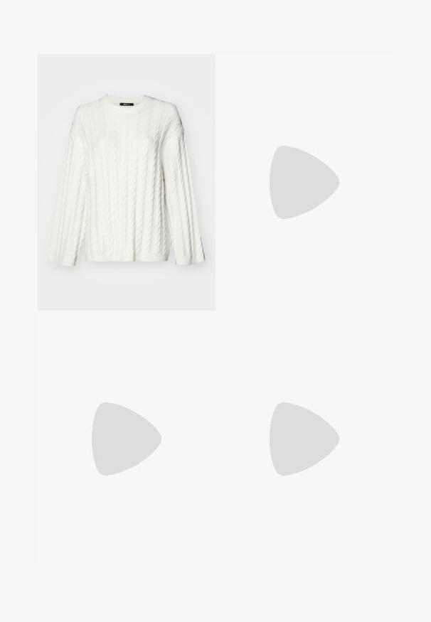 Gina Tricot Pulover - offwhite; Visoke črne-denim hlače z širokim krojem, zasnovane s petimi žepi in vidnimi šivi. Tkanina ima gladek, rahlo teksturiran videz.; Črne semiš gležnjarje z obliko kvadratnega nosu, nizko blok peto in gladko teksturo. Imajo prilegajoče zgornji del in minimalne šive.; Zign MURREN LEATHER - Torbica - dark red
