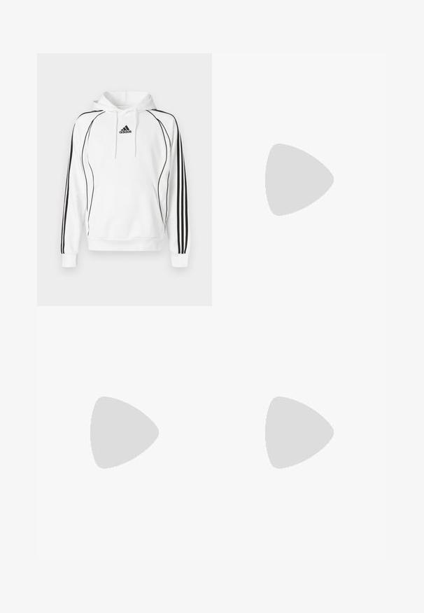 Vit huvtröja med svarta detaljer och tre ränder längs ärmarna. Har en känguruficka och en logga på bröstet.; Vit sporttopp med kort ärm, tillverkad av fukttransporterande tyg. Har en svart logotyp på vänster bröst och ett mönstrat inre halsringning.; Svarta träningsbyxor med elastisk midja, vita sidostreck och en liten vit logotyp på låret. Tillverkade av ett slätt, lätt material.; Svarta sportskor med ett texturerat nätövre, vita accentlinjer, en dämpad sula och en förstärkt häl för stöd.