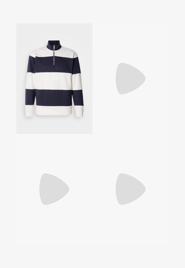 Pullover a righe blu marino e bianche con colletto alto e zip a quarto. Materiale in cotone morbido, presenta un logo ricamato sul davanti.; Camicia bianca a maniche lunghe in cotone con colletto impunturato, caratterizzata da un piccolo logo blu navy sul lato sinistro del petto e chiusura con bottoni classica.; Jeans in denim blu scuro con design a gamba dritta, dotati di cinque tasche, cuciture a contrasto e chiusura con bottone in vita.; Sneaker bianco in pelle con texture liscia, punta rotonda, design con lacci e un piccolo accento blu marino sul tallone con un dettaglio rosso sulla suola.