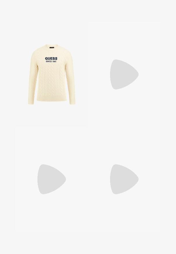 Pulover cremos cu tricotaj în relief, cu guler rotund, având pe față text brodat în albastru "GUESS SINCE 1981".; Jeans din denim de un albastru închis, cu un croi drept, design cu cinci buzunare și închidere cu nasture. Prezintă decolorări subtile și cusături în contrast.; Adidași din piele albă cu un finisaj neted, vârf rotunjit, șireturi plate și o talpă texturată. Accente din piele întoarsă gri la călcâi.; Ochelari de soare dreptunghiulari negri cu lentile închise. Rame lucioase, brațe drepte cu o ușoară curbă. Design minimal, fără embellishments.