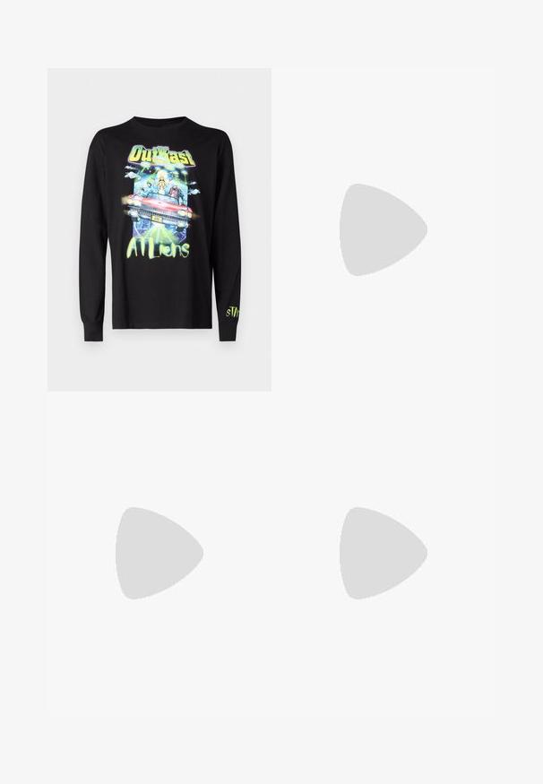 Black long-sleeve t-shirt featuring colorful graphic print of a car, aliens, and the text "OutKast ATLliens" in vibrant shades. Soft material.; Black denim wide-leg pants with a high waist, front button closure, two side pockets, and subtle stitching details.; Lacoste sneakers in dark gray with mesh and synthetic material, featuring a textured sole and brown accents on the collar and branding.; Black rectangular sunglasses with dark lenses, smooth plastic frames, and wide arms. Subtle branding on the side.