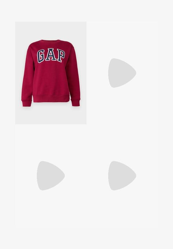 GAP HERITAGE  - Ikdienas džemperis - beet red; Bēša lina bikses ar brīvu piegriezi, ar sānu kabatām un dekoratīvām šuvēm, bezšuvju jostasvietu un taisnām kājām.; Gaišpelēka kedas, izgatavotas no zamša un sieta, ar trim baltām svītrām, apaļu purngalu un gumijas zoli. Zelta logo akcenta detaļa blakus auklām.; Kaķa acs saulesbrilles ar melnu un oranžu bruņurupuču rakstu rāmi, brūnām lēcām un elegantiem, norādītiem galiem. Rāmī ir minimālists logos uz tempļa.