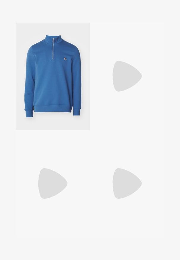 PS Paul Smith MENS REG FIT HALF ZIP ZEBRA - Sportska majica - cobal blue; Majica kratkih rukava od mekog materijala, s krem pozadinom na kojoj su apstraktni cvjetni uzorci u crnoj, smeškoj i svijetloplavoj boji.; Smeđe hlače od rastezljive tkanine slim kroja. Imaju glatki pojas, petlje za remen i dva prednja džepa.; Tamno plavi kožni tenisice s kremastom gumenom potplatom, s plavim vezicama i glatkom teksturom. Zaobljen vrh i minimalistički dizajn.