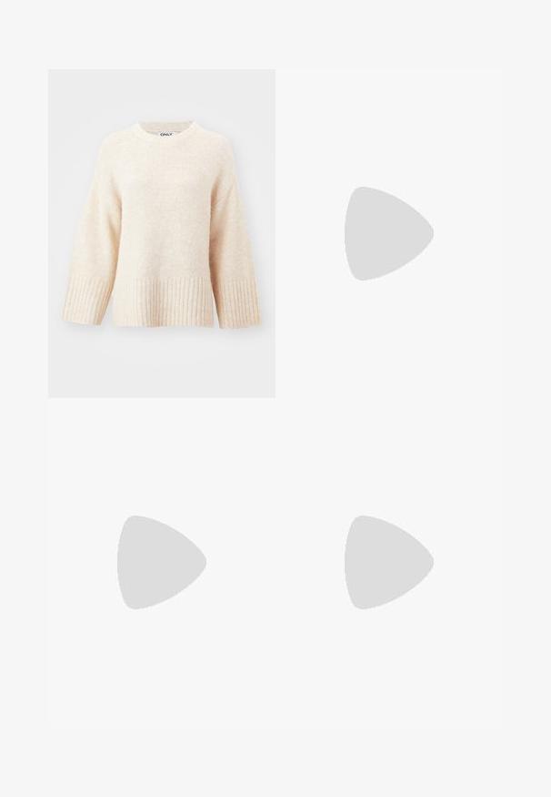 ONLY ONLMAGGIE LIFE LOOSE O NECK - Pulóver - birch melange; Fehér csíkozott nadrág, egyenes lábformával, könnyű anyagból készült. Elöl plisszírozott rész és hagyományos derékszíj jellemzi.; Fekete lakk magas sarkú szandál négyzet alakú orral, bokapántokkal és ezüst csatokat tartalmaz. Masszív blokk sarka a stabilitásért felel.; Fekete bőrtáska sima felszínnel, téglalap alakú, két hosszú füllel. Nincs látható fémkiegészítő vagy díszítés.