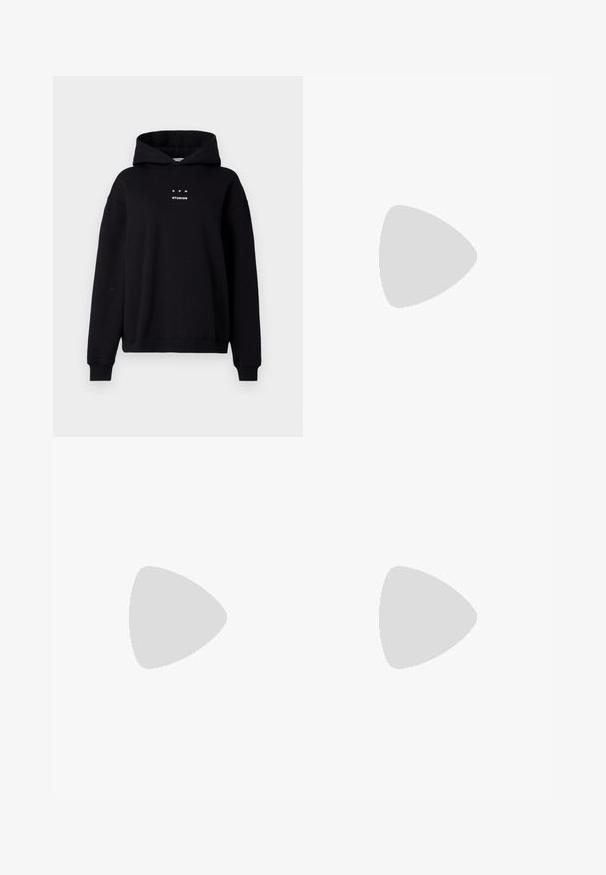 Black hoodie with a kangaroo pocket and drawstring hood. Features white text "C P H" and "STUDIOS" on the chest. Soft material, relaxed fit.; Long-sleeve white T-shirt in soft, lightweight fabric; features a round neck and slightly relaxed fit; tag visible on the side.; High-waisted, wide-leg jeans in dark blue denim with a smooth texture, contrast stitching, and five-pocket design. Front button closure.; Low-top sneakers with a white synthetic upper, pink and gray suede accents, textured white rubber sole, and colorful laces.
