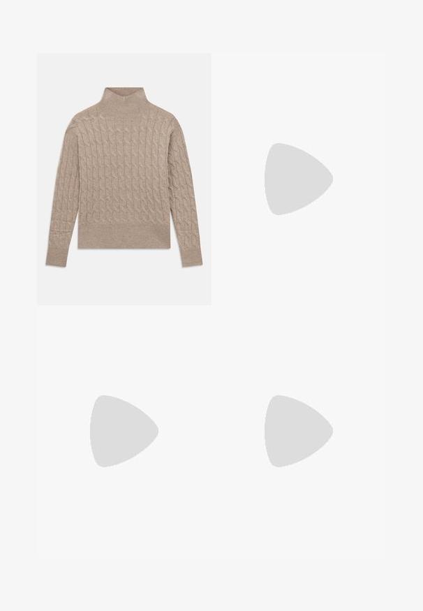 Maglione beige a collo alto in lavorazione a trecce, con maniche lunghe e polsini e orlo a coste, posato su uno sfondo bianco.; Pantaloni larghi neri realizzati in un tessuto liscio, dotati di una cintura con fibbia in argento, pieghe davanti e orlo dritto.; Stivale ankle in pelle nera con punta arrotondata, tacco a blocco, cerniera laterale e dettagli in cucitura sulla tomaia. Texture liscia, design classico.; Borsa a secchiello in pelle marrone con tracolla regolabile e fibbia dorata, semplice dettaglio di cucitura verticale sul davanti.