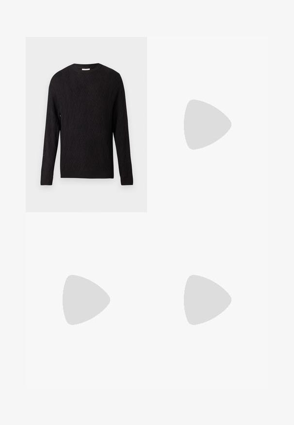 Sort langærmet sweater med chevron-strikmønster og ribbede manchetter og kant, rund halsudskæring, vist på hvid baggrund.; Sort T-shirt med kortærmer i løs pasform, lavet af glat bomuld, med rund halsudskæring og minimalistisk design.; Brune bomuldsbukser med lige ben, knaplukning og to forlommer. Glat tekstur uden synlige mønstre eller udsmykninger.; Sorte sneakers med en glat læderoverdel, teksturerede accenter og runde sorte og hvide snørebånd. Tyk gummisål med et mønstret slidbanemønster.