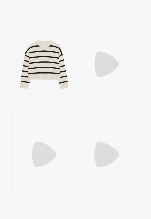 Even&Odd Strikkegenser - mottled beige/black; Bredde bukser i en lys beige farge, laget av et glatt stoff. Har en klassisk linning og flat front med rene linjer.; Klare stiletthæl sko med spids tå, gennemsigtigt materiale, metallisk sølvdetaljer og justerbar ankelrem.; Hvit rektangulær clutch-veske laget av blankt materiale, med en sølvkjede-stropp. Modellen poserer og viser vesken mot en ensfarget bakgrunn.