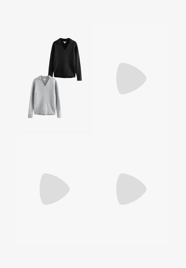 Schwarz- und graue V-Neck-Pullover mit Kragen, aus weichem Strickstoff, mit gerippten Bündchen und Säumen, lockerer Passform und minimaler Detailstruktur.; Schwarze Hose mit geradem Schnitt, ausgestattet mit Fronttaschen und Seitenschlitzen am Saum. Hergestellt aus weichem, glattem Stoff. Geeignet für verschiedene Anlässe.; Schwarze patentierte Sandalen mit Absatz, quadratischer Spitze, Knöchelriemen und silbernen Schnallen. Mit einem stabilen Blockabsatz für mehr Stabilität.; Schwarze Laptoptasche aus Leder mit glatter Textur, rechteckiger Form und zwei langen Griffen. Keine sichtbaren Beschläge oder Verzierungen.