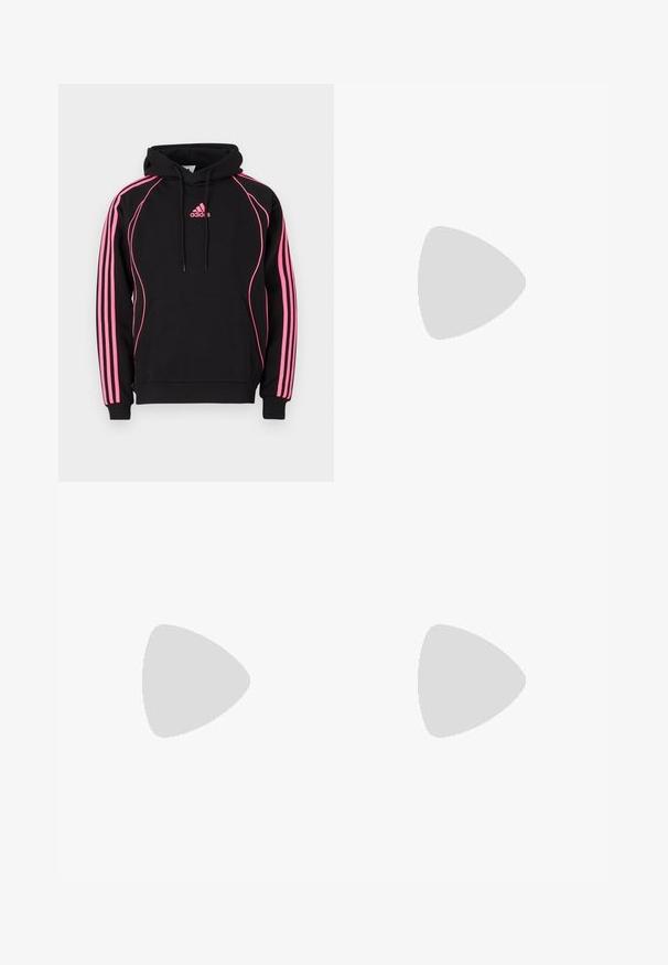 Hoodie preto com detalhes em rosa e três riscas nas mangas. Apresenta um bolso frontal e capuz com cordão. Tecido em mistura de algodão.; T-shirts brancos de algodão, mangas curtas, design de gola redonda, com textura lisa, empilhados em fila, com uma marcação subtil na gola.; Calções pretos em algodão com uma cintura elástica, costuras laterais e um pequeno logótipo branco na perna esquerda. Textura suave, design até ao joelho.; Sneakers pretos com parte superior em camurça e sintético, apresentando três riscas brancas, sola de borracha texturizada e etiqueta azul no linguete.