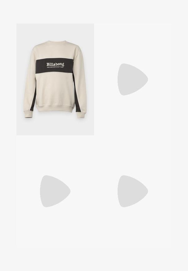 Light beige sweatshirt with dark grey horizontal stripe; features embroidered "Billabong" logo and ribbed cuffs and waistband.; Black sweatpants made of soft fabric, featuring an elastic waistband with drawstrings, cuffed ankles, and a small logo detail on the side.; White Nike Air Max 90 sneaker featuring a mesh and leather upper, perforated toe box, and a visible air unit in the heel.; Black sunglasses with a matte finish, rectangular lenses, slight curve on temples, subtle logo detail, and smoke-tinted lenses.