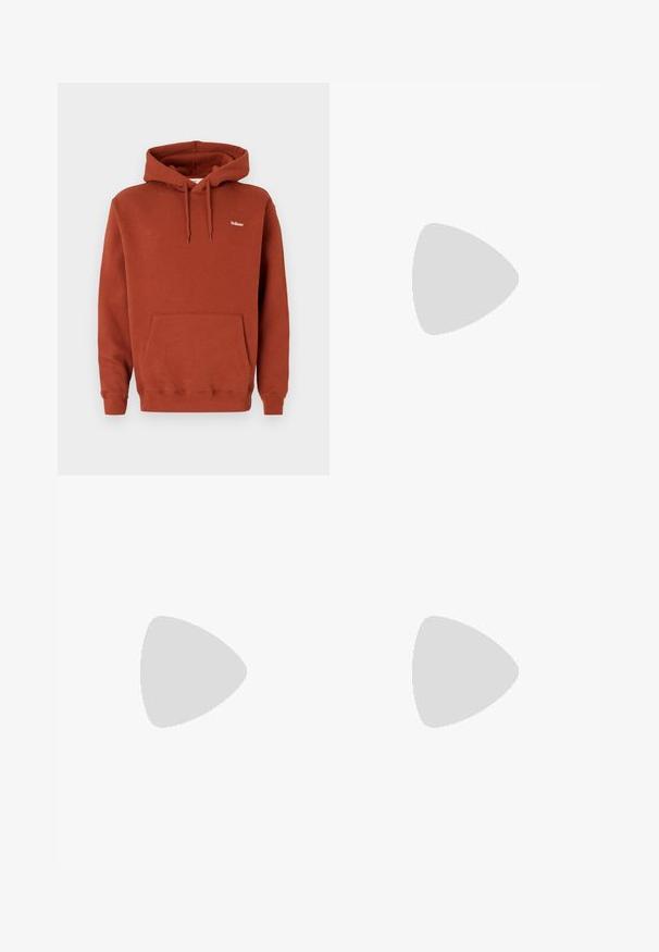 Rust-colored hoodie made of fleece, featuring a kangaroo pocket, drawstring hood, and small white logo on the upper left.; Black trousers made of lightweight fabric, featuring a straight leg, front button closure, belt loops, and side pockets.; White leather sneakers with a smooth finish, rounded toe, flat laces, and a textured sole. Grey suede accent at the heel.; Sunglasses with rectangular, dark grey lenses, silver metal frames, and black plastic tips on the arms. Lightweight design with nose pads.