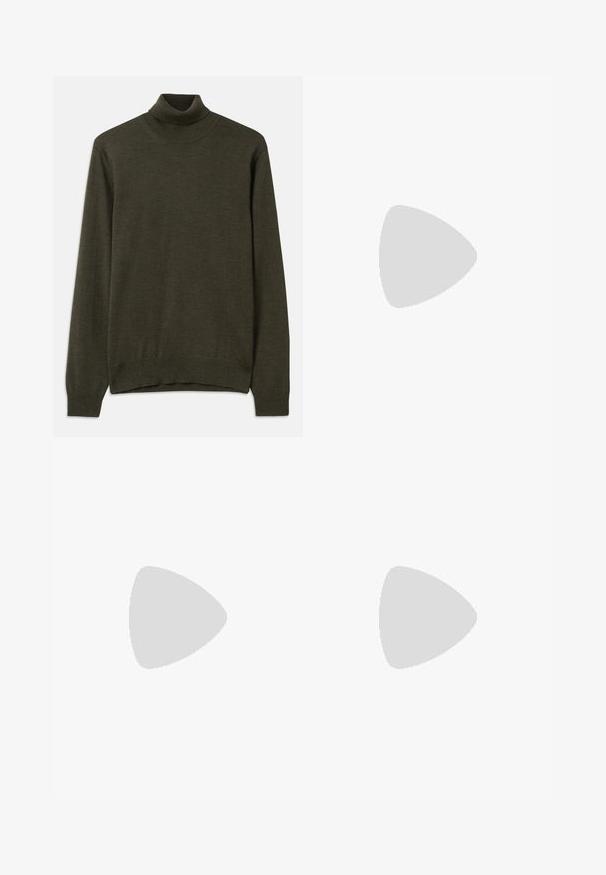 Temnozeleni pulover s turtleneck iz mehkega pletenega materiala, ki ima rebraste manšete in rob, dolge rokave ter preprost, čist dizajn.; Črne hlače visoke pasu s širokimi nogavicami, narejene iz gladkega blaga. Imajo sprednje gube in zanko za pas. Minimalističen dizajn, brez vidnih dodatkov.; Črne usnjene loferice z zaobljenim prstom, subtilnim šivanjem in nizkim petam, ki se odlikujejo po gladki teksturi in minimalističnem oblikovanju.; Modre pravokotne sončna očala s temnimi lečami, mat mornarsko okvirjem, logotipom na ušesni strani, ravnimi kraki in trdno, gladko teksturo.