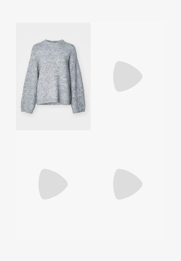 Gina Tricot BOXY SWEATER - Vesta - grey melange; Bijele traperice širokih nogavica izrađene od denima. Imaju kopčanje na dugme, prednje i stražnje džepove, te šavove. Glatka tekstura s minimalističkim detaljima.; Sportske cipele s gornjištem od bijele kože, sivi suedinasti nos i tri crne pruge. Imaju plavi logo na jeziku i teksturiranu gumenu podlogu.; Roza kožna torba sa strukturiranim oblikom, koja ima sjajni zatvarač i jedan podesivi remen. Teksturalna površina s zlatnim detaljima.
