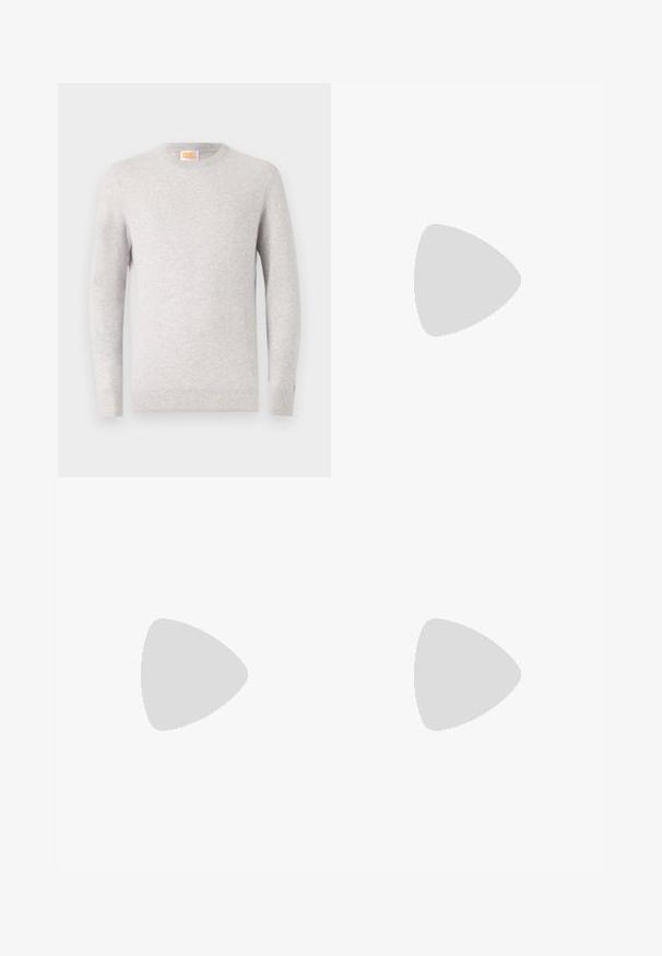 Light gray crewneck sweater made of soft fabric with long sleeves and ribbed cuffs. Subtle texture throughout, no additional patterns or accents.; Black tailored trousers with a straight fit, made from smooth fabric. Features belt loops and crease detail along the front.; White leather sneakers with a smooth finish, rounded toe, flat laces, and a textured sole. Grey suede accent at the heel.; Clear plastic sunglasses with rectangular brown lenses, featuring thin, transparent arms and metal accents on the temples.