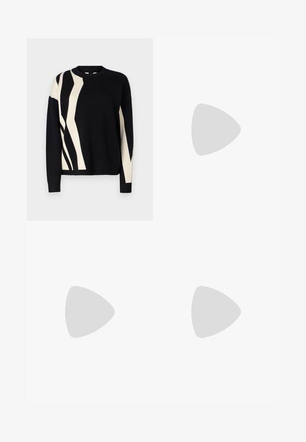 Black knit sweater featuring an abstract cream pattern. Crew neckline, long sleeves, and ribbed cuffs. Soft texture with a relaxed fit.; Light grey wide-leg trousers made of soft, ribbed fabric, featuring a high waistband and full-length legs with subtle texture.; Black suede heeled sandals with a thin ankle strap, open toe design, and a modest block heel. Smooth texture and minimal accents.; Even&Odd Handbag - brown