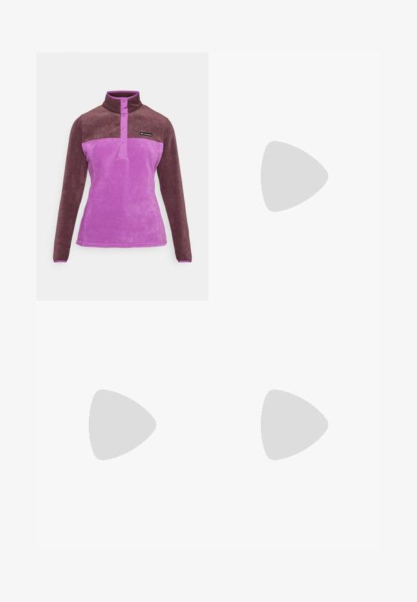 Purple and brown fleece pullover with a high collar, button closure, and soft texture. Features a logo on the chest area.; Grey short-sleeve t-shirt made of soft, moisture-wicking fabric. Features a crew neck and a small white logo on the upper left.; Black capri leggings made from stretchy fabric, featuring a high waistband and a small white logo on the left side. Smooth texture.; Black trail running shoes with a textured upper, mesh panels, and a secure fastening system. Features a rugged outsole for traction.