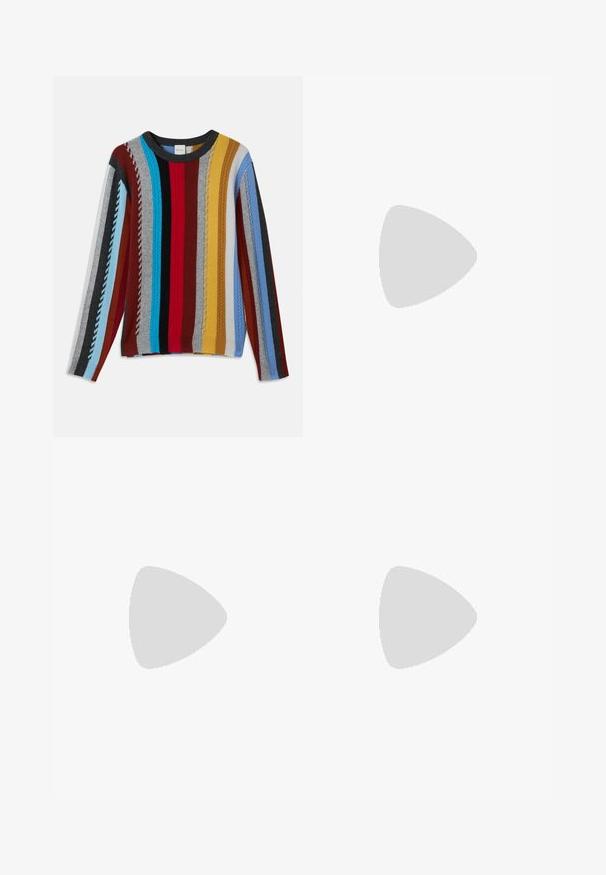 Knit sweater featuring multicolored vertical stripes in red, blue, gray, yellow, and black with textured ribbing and a round neckline.; Filippa K TERRY CROPPED TROUSERS - Trousers - sage melange; White leather sneaker with a smooth finish, round toe, flat laces, and a textured sole. Features a subtle logo on the heel.; Black round sunglasses with dark lenses and slim metal arms. Includes clear temple tips and silver accents at the hinge. Minimalist design.