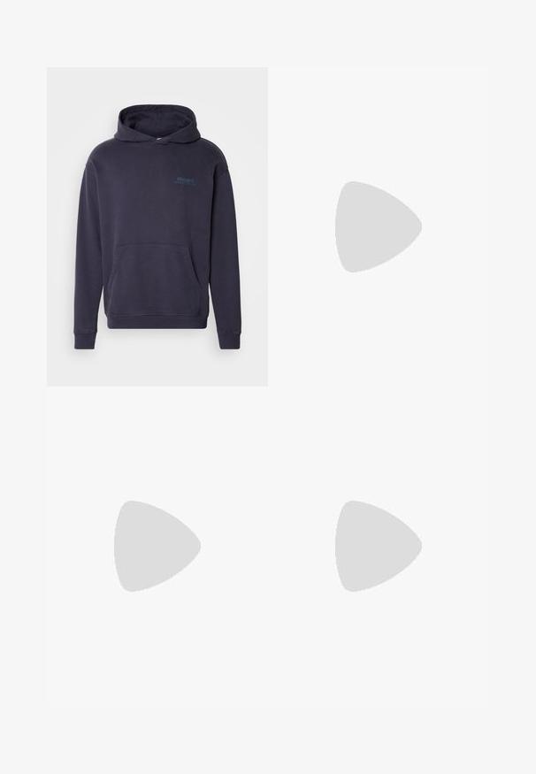 Navy blue hooded sweatshirt made of soft fabric featuring a front pocket and a printed logo on the left chest. Ribbed cuffs and hem.; Black tailored trousers with a straight cut, featuring a front button closure and belt loops, made from a smooth, lightweight fabric.; Black leather loafers with a rounded toe, featuring a stitched design, low platform sole, and a textured, lugged rubber outsole.; Brown leather duffel bag with two front pockets, adjustable shoulder strap, gold hardware, and sturdy top handles. Smooth texture.