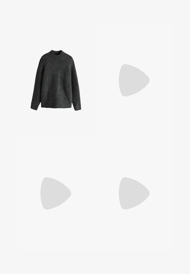 Maglione lavorato a maglia di un grigio scuro con un collo alto, spalle basse e una texture a coste. Maniche lunghe e una vestibilità rilassata senza decorazioni.; Jeans azzurri a gamba larga in denim, con vita media, cinque tasche e chiusura con bottone accompagnata da un sottile accento metallico.; Sneakers bianchi in pelle, modello low-top, con punta rotonda, suola piatta in gomma bianca e dettagli di cucitura minimalista. Lacci fissati attraverso sei occhielli.; Sciarpa in lana intrecciata in plaid blu scuro e crema, con bordo frangiato e un piccolo etichetta nera come dettaglio. Texture morbida con forma rettangolare.
