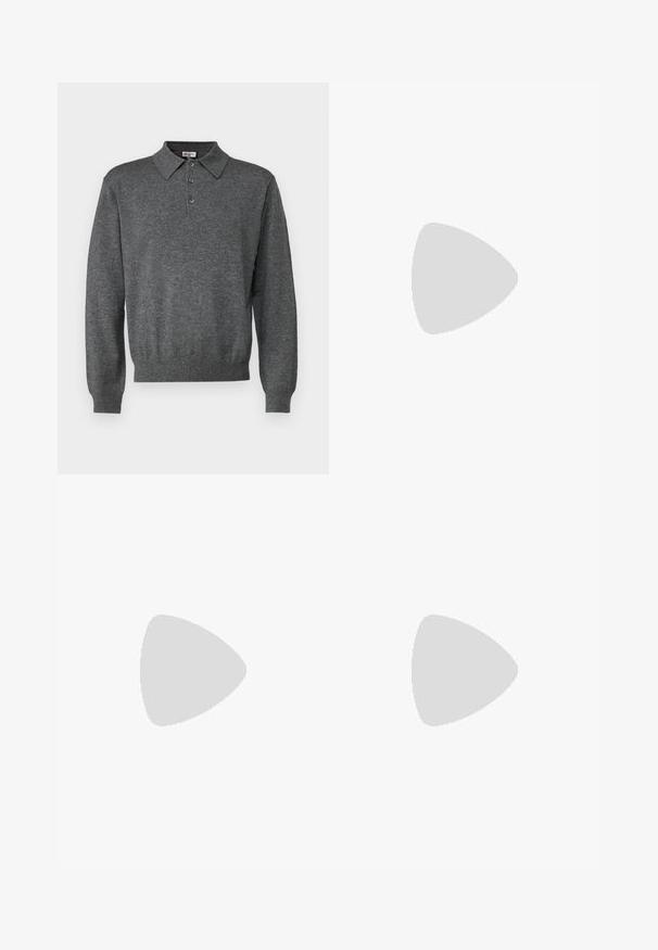 polo shirt cu mâneci lungi de culoare gri închis, cu guler, închidere cu trei nasturi, manșete și tiv ribbate. Textură moale cu un design curat.; Pantaloni gri ajustați din țesătură texturată, prezentând două pliere frontale și un design drept. Fără buzunare vizibile sau ornamente.; Paul Smith JASON - Pantofi eleganți cu șireturi - black; Colier din mărgele multicolore cu mărgele de culoare albastru închis, roșu și galben, intercalate cu accente de argint și un pandantiv care atârnă.