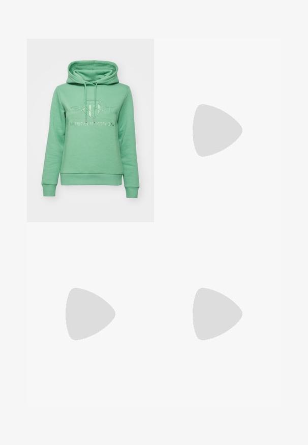 GANT TONAL SHIELD HOODIE - Hoodie - seacrest green; Black tailored trousers with a straight fit, pleated front, polished fabric, and a medium waistband. No visible pockets or hardware details.; Black leather ankle boot with pointed toe, slim mid-height heel, and silver buckle detail on side against plain background.; Black leather drawstring bag with a smooth texture, gathered top, and subtle gold hardware. Features a single sturdy strap and embossed logo.