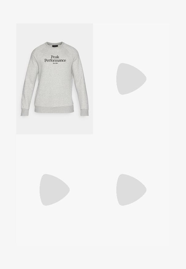 Peak Performance ORIGINAL CREW-BLACK-OFFWHITE - Melegítőfelső - grey melange/black; Fekete sportnadrág, gumírozott derékkal, fehér oldalsávokkal és logóval az alsó jobb elülső részen. Enyhén textúrázott anyag.; Fehér bőr sportcipők perforációval, kerek orral, lapos talppal és vastag fűzőkkel, látható swoosh logóval és "AIR" felirattal a sarokrészen.; Fekete szövet válltáska sima textúrával, ívelt kialakítással, cipzáras rekesszel, és egy fehér logóval az elején.