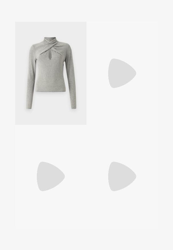 Gray long-sleeve sweater with a mock neck, featuring a twisted design and a keyhole cutout at the front. Soft knit texture.; Light-wash, high-waisted jeans with a straight-leg fit. Made of denim, featuring a classic five-pocket design and subtle fading.; Black leather ankle boots with a square toe, featuring a wide strap and metal buckle detail. The boots have a chunky sole and smooth texture.; Black leather handbag with a curved shape, detachable strap, and gold hardware. The bag features a flap with a buckle detail.