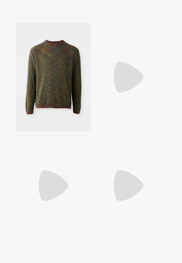 Knit sweater in dark green with a textured pattern, featuring multicolored flecks and a ribbed neckline and cuffs.; Light blue denim jeans with straight leg design, featuring a mid-rise waist, five pockets, and a button and zipper closure.; Black leather loafer with a tasseled accent, featuring a chunky black sole and yellow stitching along the edge. Textured finish.; Three-layered silver metal necklace featuring sleek, flexible chains with a slight sheen, secured with a lobster clasp and adjustable chain.